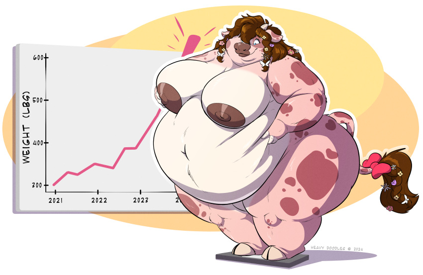 absurd_res accessory anthro belly big_belly big_breasts big_butt blue_eyes bovid bovine breasts brown_hair butt cattle female flower flower_in_hair freckles fur hair hair_accessory heavy_doodles hi_res huge_belly huge_breasts huge_butt huge_thighs hyper mammal markings navel neck_tuft nipples nude obese obese_anthro obese_female overweight overweight_anthro overweight_female pink_body pink_fur plant solo spots spotted_body thick_thighs tuft weight_gain