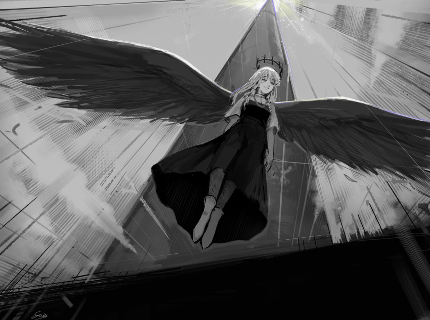 1girl angel_wings black_dress black_halo black_wings blonde_hair choujin_x crown_of_thorns dress facial_mark grey_background greyscale habit halo highres long_hair monochrome nun seki_31 shiruha_sora_(choujin_x) signature wings