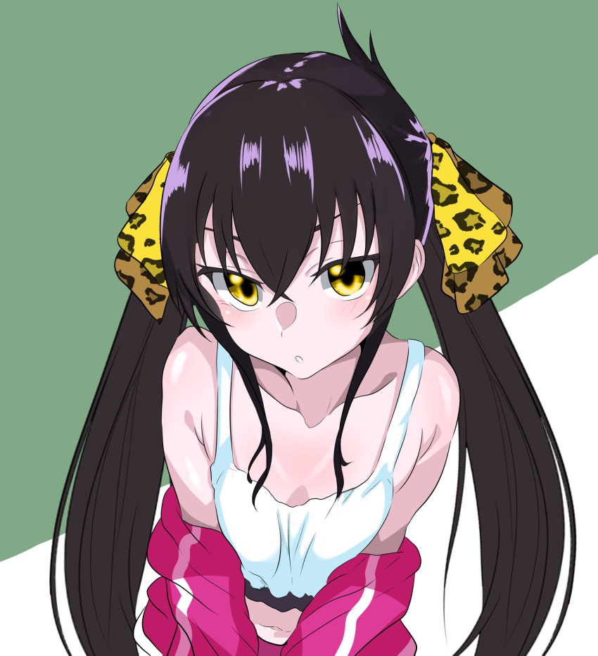 1girl animal_print bare_shoulders black_hair blush breasts commentary_request crop_top hair_ribbon highres idolmaster idolmaster_cinderella_girls jacket kazuta1000 leopard_print long_hair looking_at_viewer matoba_risa navel off_shoulder open_clothes open_jacket print_ribbon ribbon small_breasts solo tank_top twintails upper_body white_tank_top yellow_eyes