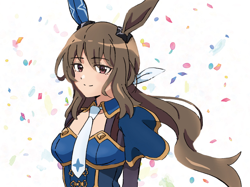 1girl admire_vega_(umamusume) animal_ears blue_dress breasts brown_eyes brown_hair closed_mouth commentary_request confetti dress hair_between_eyes hair_ribbon highres horse_ears long_hair looking_at_viewer medium_breasts necktie pi-tan_(minmin2431) ribbon simple_background smile solo umamusume upper_body very_long_hair white_background white_necktie white_ribbon