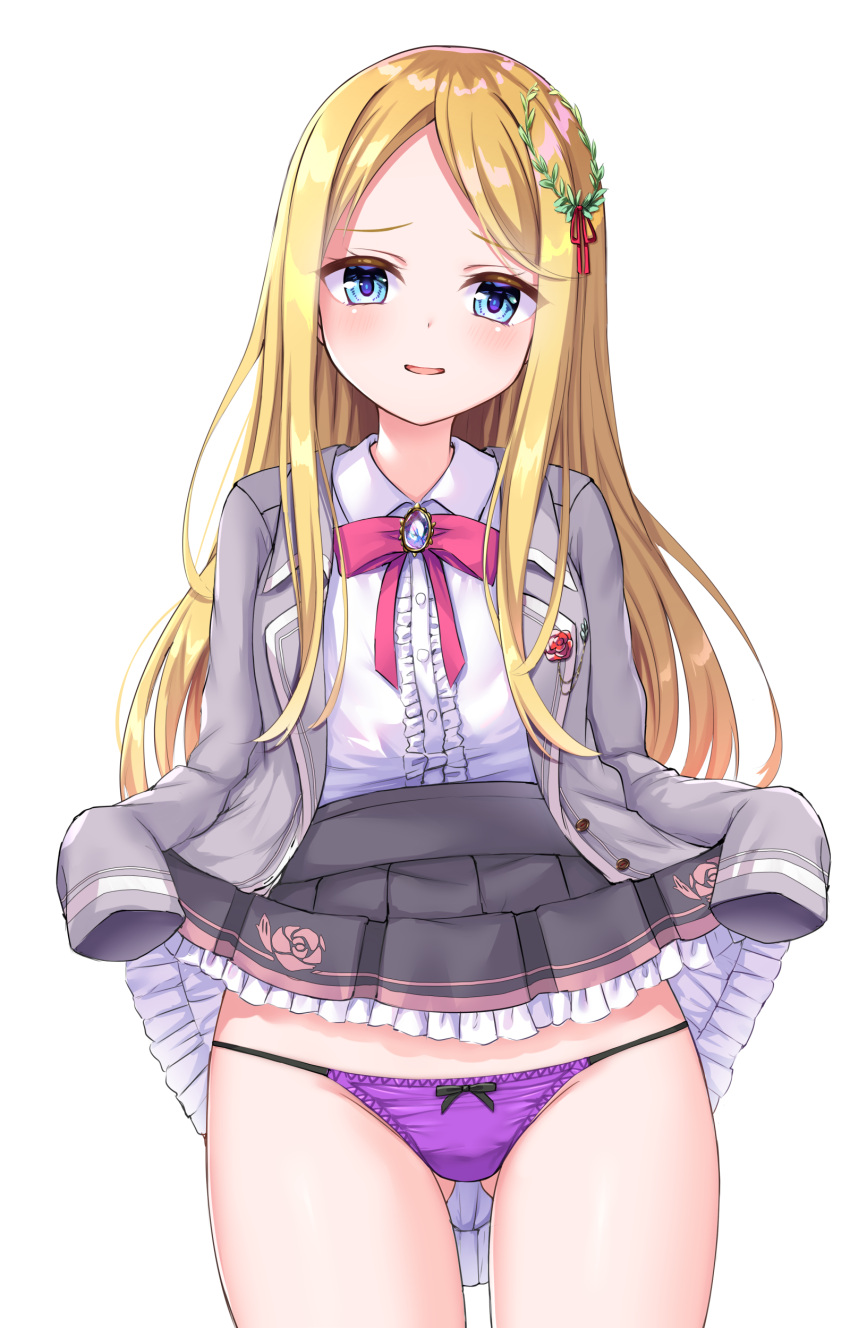 1girl absurdres ass_visible_through_thighs black_skirt blonde_hair blue_eyes blush center_frills clothes_lift collared_shirt colored_eyelashes commentary_request commission cowboy_shot floral_print frilled_shirt frilled_skirt frills grey_jacket hair_ornament hair_ribbon high-waist_skirt highres hoshi_no_otome_to_rikka_no_shimai jacket leaf_hair_ornament lifted_by_self lingerie long_hair looking_at_viewer lorbeerbaum_laurier ncontrail_(mgax7527) neck_ribbon open_mouth panties parted_bangs pleated_skirt print_skirt purple_panties red_ribbon ribbon rose_print school_uniform shirt simple_background skeb_commission skirt skirt_lift sleeves_past_fingers sleeves_past_wrists smile solo straight_hair tsurime underwear variant_set white_background white_shirt