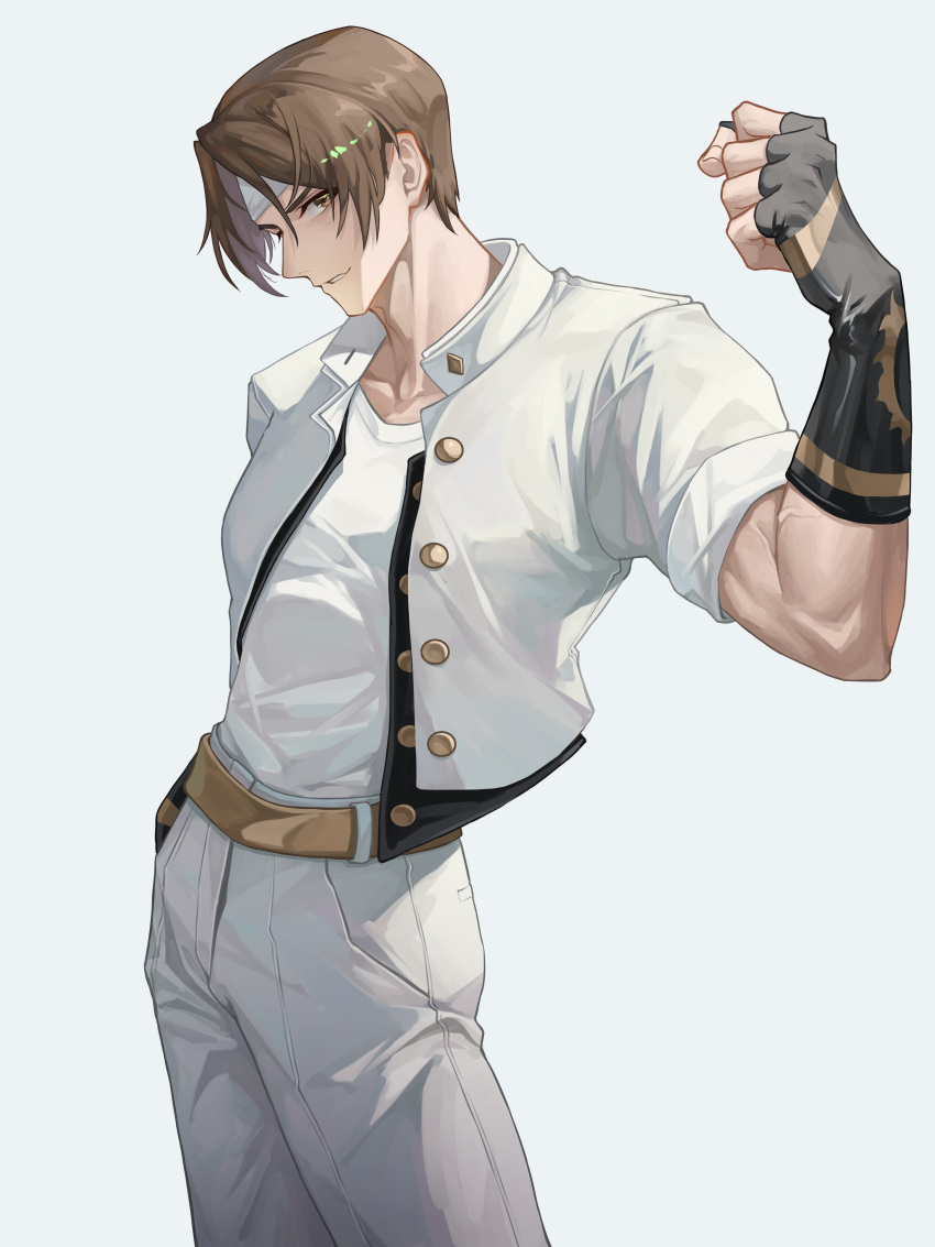 1boy absurdres belt brown_hair fenglansishui fingerless_gloves gakuran gloves hand_in_pocket headband highres kusanagi_kyou male_focus school_uniform short_hair short_sleeves snk solo the_king_of_fighters