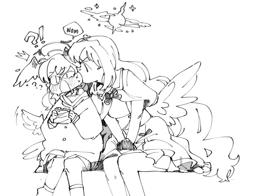 !? &lt;|&gt;_&lt;|&gt; 2girls ? biting blue_archive blush capelet cheek_biting dress english_text food greyscale halo hat head_wings highres holding holding_food holding_sandwich kinzaibatsu91 koharu_(blue_archive) lineart long_hair long_sleeves mika_(blue_archive) monochrome multiple_girls open_mouth sandwich scrunchie shirt simple_background sitting speech_bubble very_long_hair white_background wings wrist_scrunchie yuri