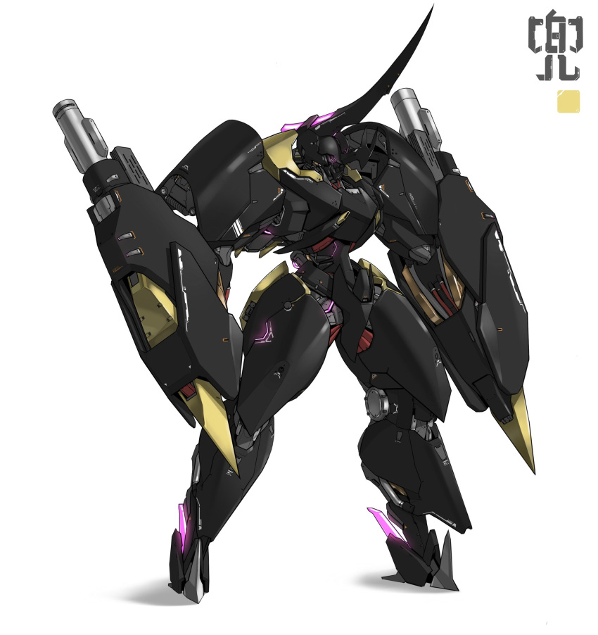 arms_at_sides ctpt9r extra_eyes full_body hercules_beetle highres horns legs_apart looking_ahead mecha mecha_focus mechanization no_humans original purple_eyes robot science_fiction shadow simple_background solo standing white_background