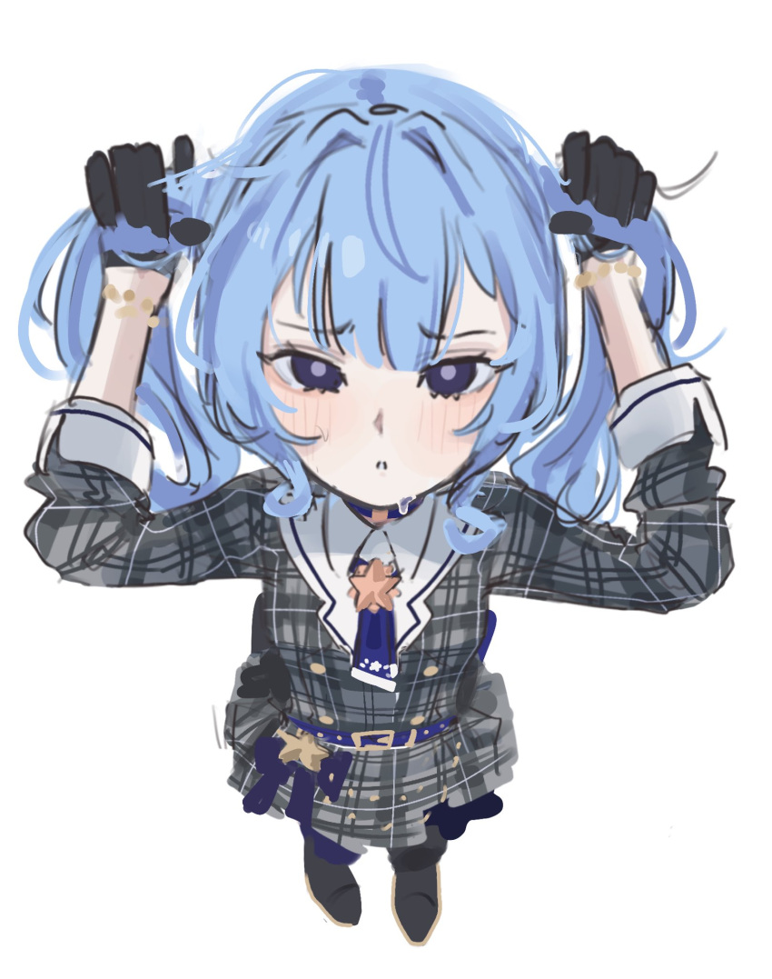 1girl ascot belt black_gloves blue_ascot blue_belt blue_eyes blue_hair blunt_bangs bracelet gloves grabbing_own_hair grey_jacket grey_skirt hair_between_eyes half_gloves highres hololive hoshimachi_suisei jacket jewelry long_sleeves plaid plaid_jacket plaid_skirt sidelocks simple_background skirt solo star_(symbol) tomanesan twintails virtual_youtuber