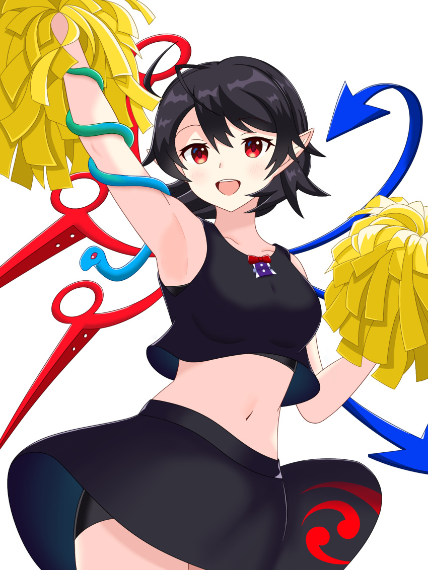 1girl :d adapted_costume ahoge alternate_costume arm_up armpits bike_shorts black_hair black_shirt black_skirt blue_wings breasts cheerleader cowboy_shot crop_top highres holding holding_pom_poms houjuu_nue looking_at_viewer medium_breasts midriff miniskirt navel open_mouth pointy_ears pom_pom_(cheerleading) red_eyes red_wings sanity3519_(user_mvfv4345) shirt short_hair shorts shorts_under_skirt simple_background skirt sleeveless sleeveless_shirt smile snake solo standing tank_top thighs touhou touhou_lost_word white_background wings