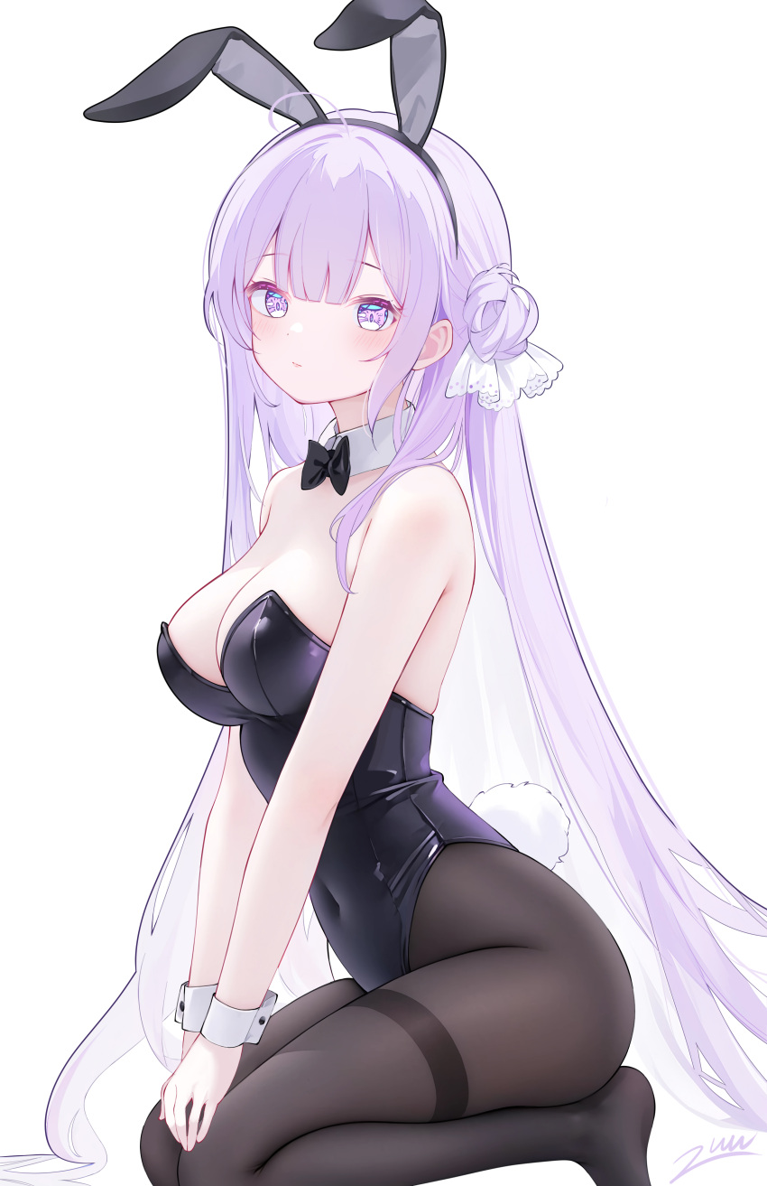 1girl absurdres alternate_costume animal_ears azur_lane bare_shoulders black_bow black_bowtie black_leotard black_pantyhose blush bow bowtie breasts cleavage closed_mouth commentary_request detached_collar fake_animal_ears highres leotard long_hair medium_breasts pantyhose playboy_bunny purple_eyes purple_hair rabbit_ears rabbit_tail simple_background solo tail unicorn_(azur_lane) very_long_hair white_background white_wrist_cuffs wrist_cuffs zuu_(qq770463651)