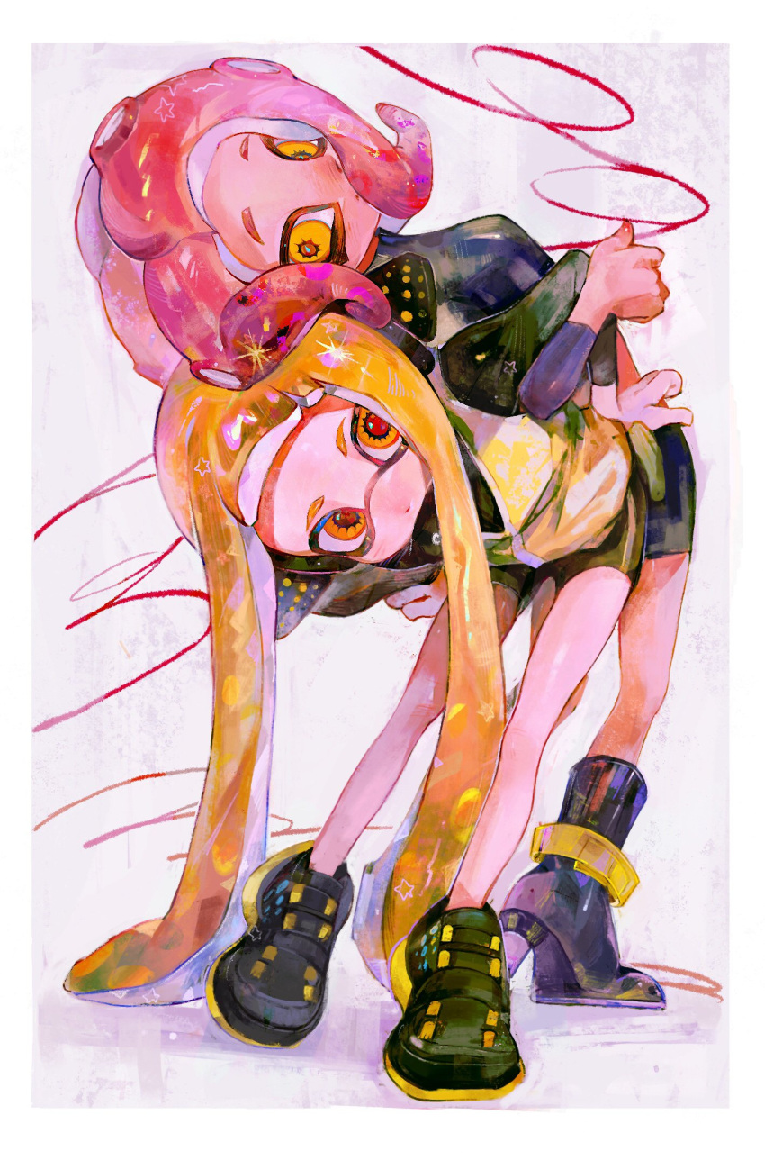 2girls agent_3_(splatoon) agent_8_(splatoon) back-to-back bike_shorts black_footwear black_shirt black_shorts black_skirt blonde_hair boots character_name covering_own_mouth esa_(no_chirasu1) full_body headphones high-visibility_vest highres inkling inkling_girl inkling_player_character locked_arms long_hair miniskirt multiple_girls octoling octoling_girl octoling_player_character red_hair shirt shorts skirt splatoon_(series) suction_cups tentacle_hair twintails very_long_hair yellow_eyes