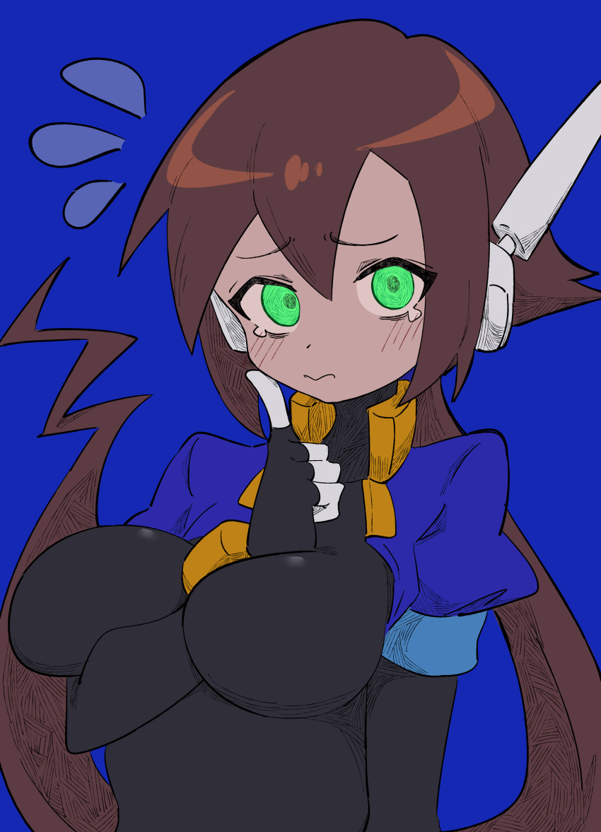 1girl absurdres aile_(mega_man_zx) black_bodysuit blue_background blue_jacket bodysuit bodysuit_under_clothes breasts brown_hair buzzlyears cropped_jacket expressive_hair green_eyes highres jacket large_breasts long_hair looking_at_viewer mega_man_(series) mega_man_zx mega_man_zx_advent open_clothes open_jacket ponytail simple_background solo tearing_up upper_body