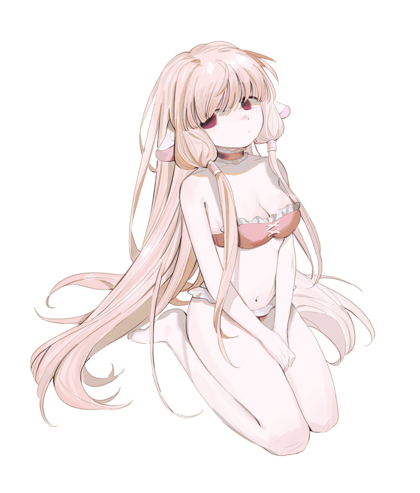 1girl barefoot bra breasts brown_eyes brown_hair chii chobits choker dot_nose frilled_bra frilled_choker frilled_panties frills full_body hair_tubes highres kd_(jichaman1) kneeling large_breasts long_hair navel panties solo underwear very_long_hair white_background