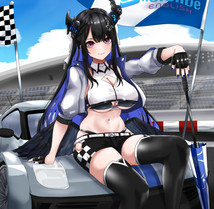 1girl absurdres aidoruhakase asymmetrical_horns black_hair blue_hair blush breasts checkered_flag cleavage colored_inner_hair demon_horns flag gloves hair_ornament highres hololive hololive_english horns large_breasts long_hair looking_at_viewer mole mole_under_eye multicolored_hair navel nerissa_ravencroft race_queen red_eyes smile thighhighs two-tone_hair uneven_horns very_long_hair virtual_youtuber