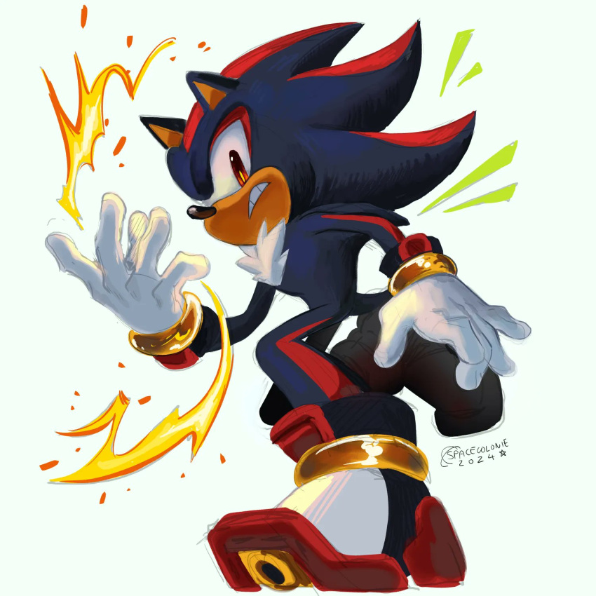 1boy artist_name boots clenched_teeth commentary dated english_commentary fire frown furry furry_male gloves gold_ring hand_up highres jewelry leg_up looking_at_viewer male_focus red_eyes ring shadow_the_hedgehog sideways_glance simple_background solo sonic_(series) spacecolonie standing standing_on_one_leg star_(symbol) teeth v-shaped_eyebrows white_background white_footwear white_gloves yellow_pupils