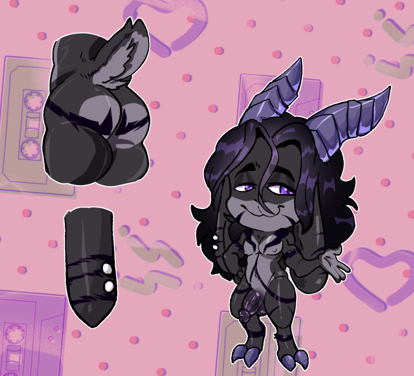 alpha_channel anthro bovid butt caprine chibi dark_hair digital_media_(artwork) drosgrassy_06 flaccid genitals glistening glistening_body glistening_eyes glistening_hair goat hair hi_res horn male mammal nipples nude penis pircing purple_horn shaded simple_background simple_eyes simple_shading smile smirk solo translucent transparent_background unknown_character