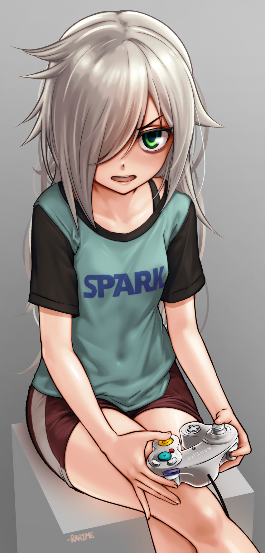 1girl absurdres bra_strap breasts crossed_legs english_commentary english_text game_console gamecube gamecube_controller green_eyes grey_hair highres kuroki_tomoko long_hair messy_hair multiple_girls nude open_mouth rahime shirt shorts sitting small_breasts thighs tongue watashi_ga_motenai_no_wa_dou_kangaetemo_omaera_ga_warui! white_hair