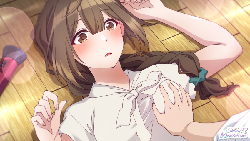 1boy 1girl accidental_pervert blush breasts brown_hair fallen_down flashlight grabbing grabbing_another's_breast hair_ornament hair_scrunchie hetero highres idolmaster idolmaster_shiny_colors indoors kotobuki_haruki kuwayama_chiyuki large_breasts lens_flare long_braid looking_at_another out_of_frame scrunchie second-party_source shirt solo_focus white_shirt wooden_floor