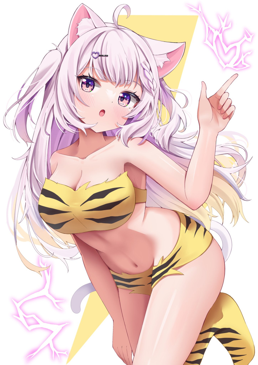 100ton250 1girl :o ahoge animal_ears braid breasts cat_ears cat_girl cat_tail cleavage grey_hair hashtag_only_commentary highres indie_virtual_youtuber large_breasts lightning lion_print long_hair looking_at_viewer neru_utano purple_eyes single_braid tail underwear underwear_only virtual_youtuber