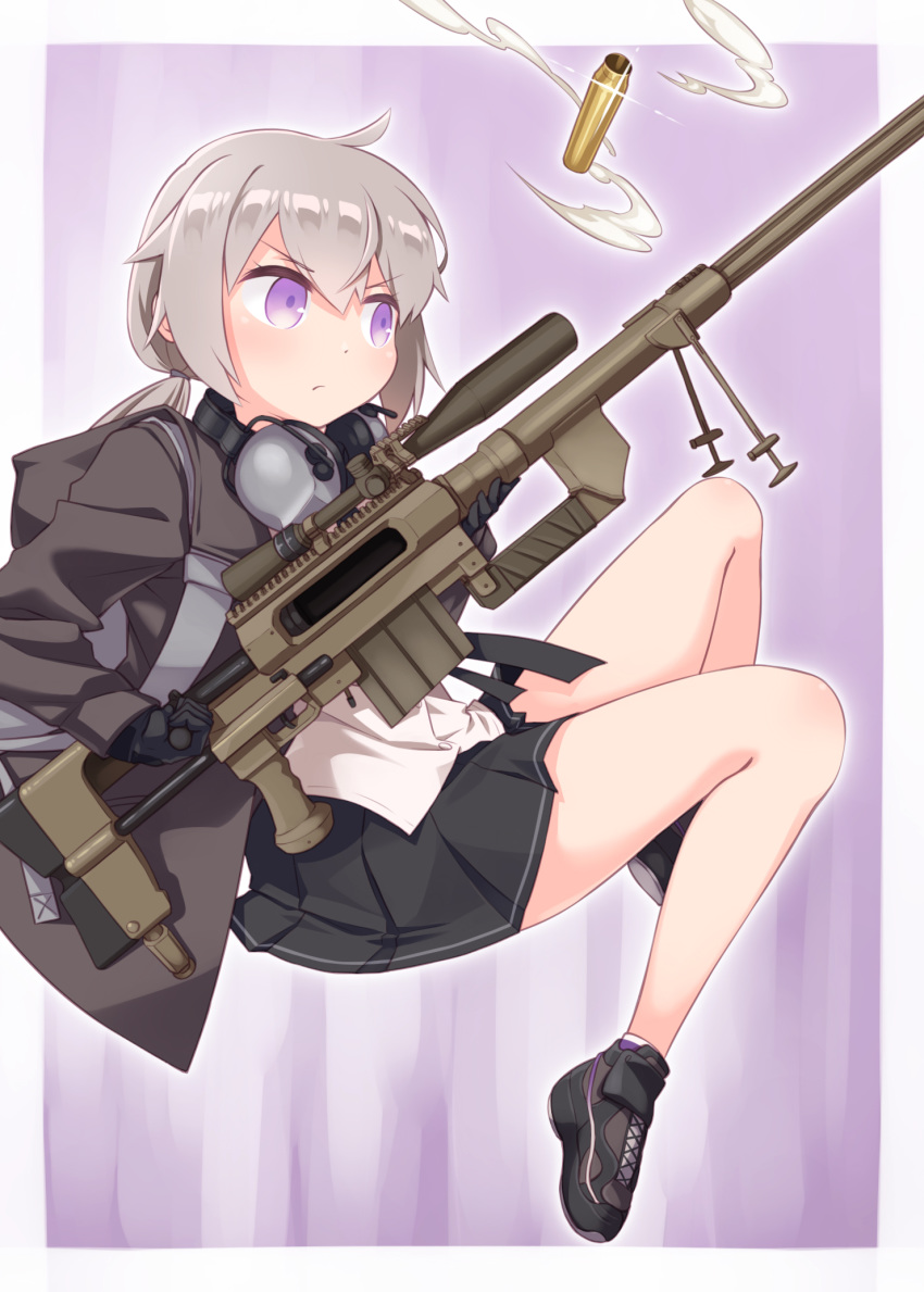 1girl bangs bipod black_footwear black_gloves black_jacket black_skirt blush bolt_action cheytac_m200 closed_mouth commentary_request dress_shirt ear_protection eyebrows_visible_through_hair girls_frontline gloves grey_hair gun hair_between_eyes haradaiko_(arata_himeko) highres holding holding_gun holding_weapon hood hood_down hooded_jacket jacket long_hair long_sleeves looking_away low_twintails m200_(girls_frontline) object_namesake open_clothes open_jacket pleated_skirt purple_eyes rifle shell_casing shirt shoes skirt sniper_rifle sniper_scope socks solo twintails v-shaped_eyebrows weapon white_shirt