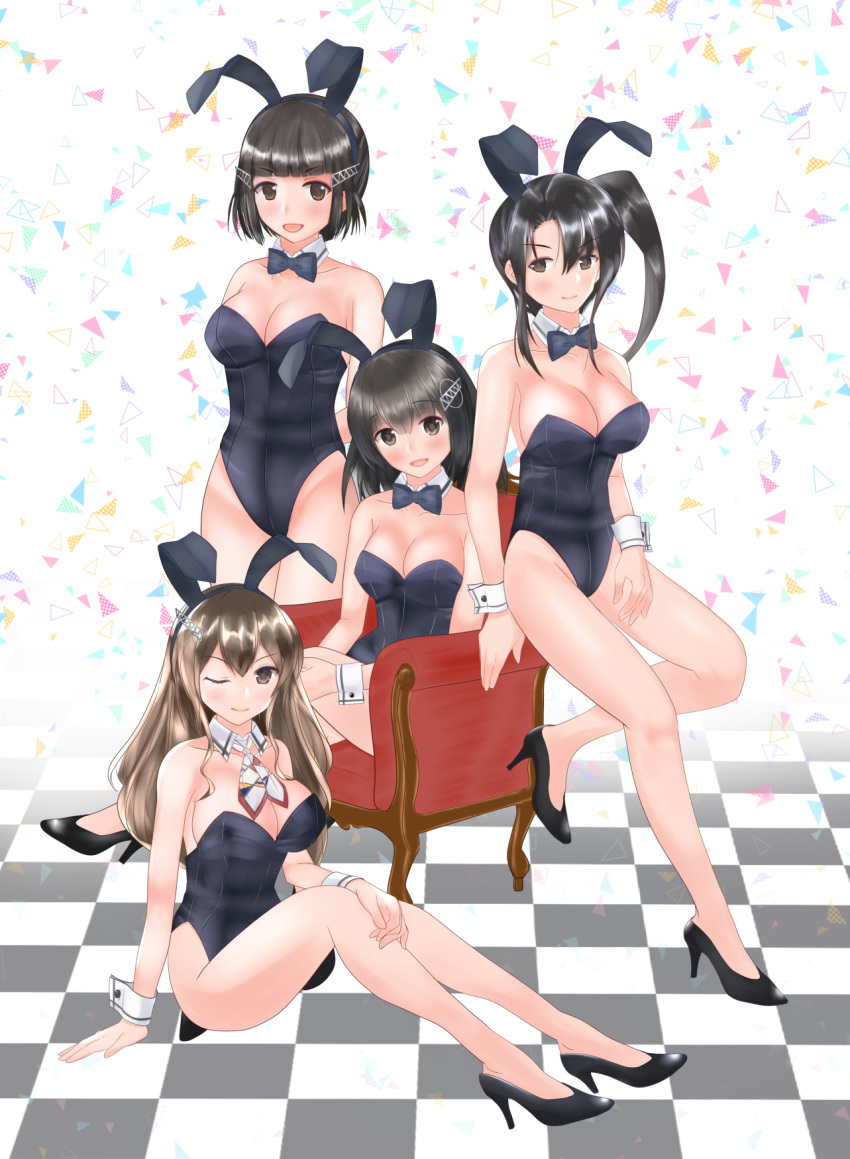 4girls absurdly_long_hair animal_ears ashigara_(kantai_collection) black_footwear black_hair blue_leotard braid braided_bun breasts brown_eyes brown_hair bunny_ears bunny_girl bunnysuit chair detached_collar fake_animal_ears haguro_(kantai_collection) hair_bun hair_ornament high_heels highres horned_headwear kantai_collection large_breasts leotard long_hair multiple_girls myoukou_(kantai_collection) nachi_(kantai_collection) osashimisan short_hair side_ponytail sitting standing strapless strapless_leotard very_long_hair wavy_hair wrist_cuffs