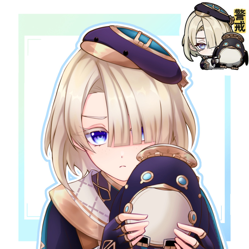 &gt;:( 1boy beret black_gloves black_headwear blonde_hair blue_eyes fingerless_gloves freckles freminet_(genshin_impact) genshin_impact genshin_impact_sticker_redraw_(meme) gloves hair_over_one_eye hanketsu_oniisan hat highres holding jewelry looking_at_viewer meme non-humanoid_robot pers_(genshin_impact) robot short_hair sidelocks simple_background two-tone_background upper_body v-shaped_eyebrows