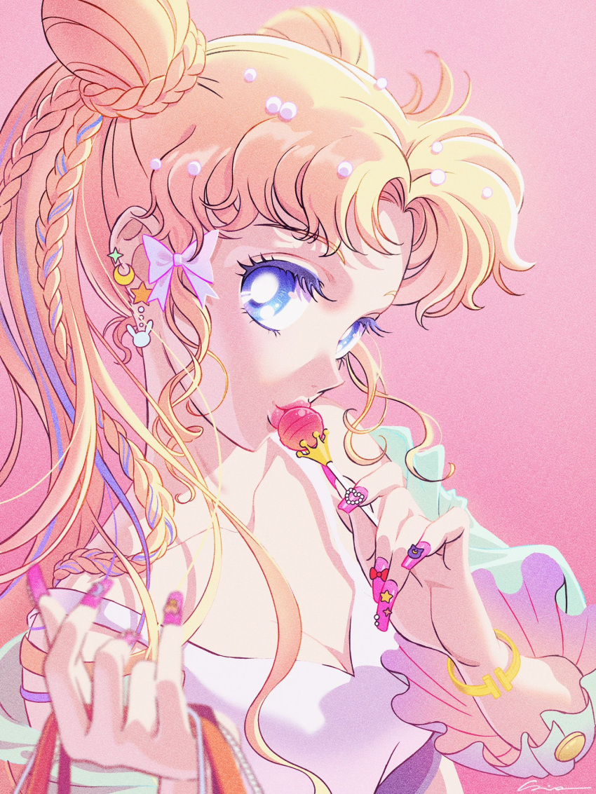 1girl bishoujo_senshi_sailor_moon blonde_hair blue_eyes bow breasts candy cleavage crescent crescent_earrings detached_sleeves double_bun dress earrings food gold_bracelet hair_bun hair_intakes highres holding holding_candy holding_food holding_lollipop jewelry lollipop long_hair looking_at_viewer pink_background pink_bow pink_lips pink_nails pink_theme rabbit_earrings sailor_moon sidney_deng signature simple_background sleeveless sleeveless_dress solo sparkle_earrings star_(symbol) star_earrings twintails white_dress