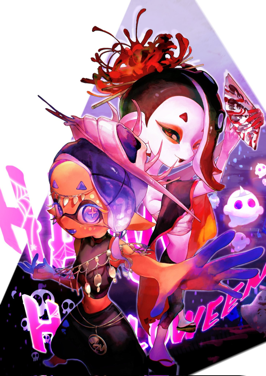 1boy 2girls bare_shoulders barefoot big_man_(splatoon) black_hair black_leggings black_pants black_shirt chest_sarashi colored_skin crop_top dark-skinned_female dark_skin earrings eyeshadow facepaint fangs flower frye_(splatoon) ghost ghost_costume gradient_hair hair_flower hair_ornament halloween_costume hand_fan happy_halloween highres holding holding_fan inkling jewelry jio022 leggings long_hair makeup multicolored_hair multiple_girls octoling official_alternate_costume open_mouth outstretched_arm pants purple_eyes purple_hair red_eyes red_eyeshadow red_flower red_hair sandals sarashi shawl shirt shiver_(splatoon) spider_lily splatoon_(series) splatoon_3 star-shaped_pupils star_(symbol) suction_cups symbol-shaped_pupils tentacle_hair two-tone_hair white_skin x_hair_ornament