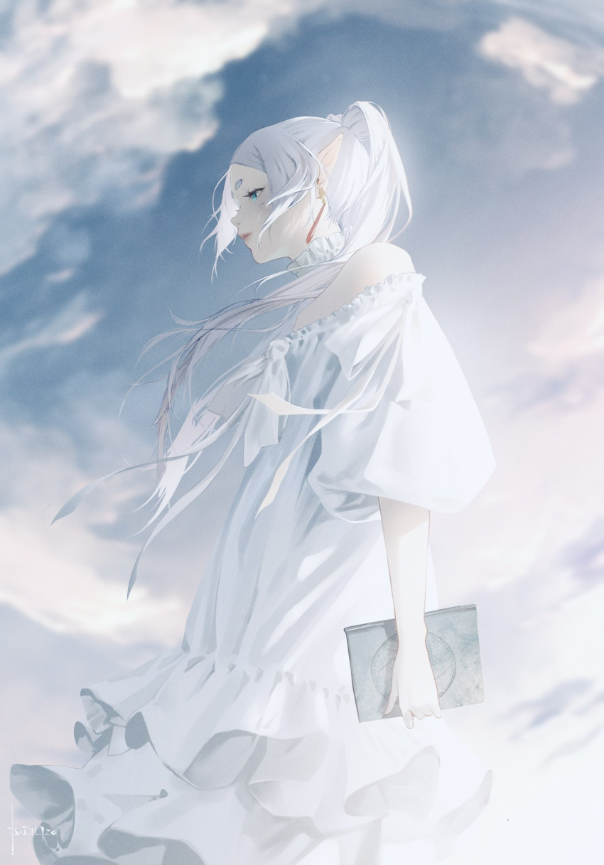 1girl bani-lizo book bow bowtie cloud dress earrings elf frieren green_eyes highres jewelry long_hair looking_to_the_side pointy_ears sky solo sousou_no_frieren standing twintails white_dress white_hair