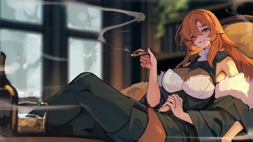 1girl alcohol black_thighhighs blurry blurry_background bottle breasts burn_scar chaise_longue cigar commission crossed_legs cup drinking_glass extra_arms fur_trim grin holding holding_cigar lansane large_breasts long_hair looking_at_viewer one_eye_closed orange_eyes orange_hair original own_hands_clasped own_hands_together quadriri_(lansane) reclining scar scar_on_face sharp_teeth shot_glass skeb_commission sleeveless smile smoking solo teeth thighhighs whiskey window