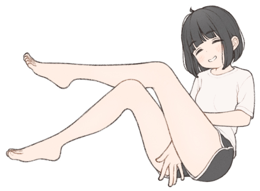 1girl 1ssakawaguchi bare_legs barefoot between_legs black_hair black_shorts blush bob_cut closed_eyes dolphin_shorts facing_viewer hand_between_legs highres ichika_(1ssakawaguchi) knees_up original shirt short_hair short_shorts short_sleeves shorts simple_background sitting smile solo toes white_background white_shirt