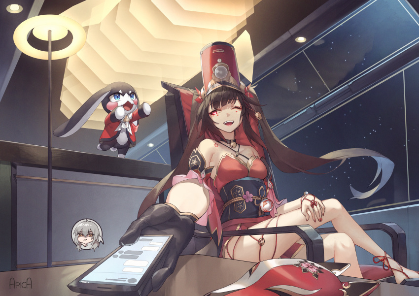 2girls ;d absurdres arupaoka bare_legs bare_shoulders bell black_choker black_hair black_sash breasts choker commentary_request criss-cross_halter detached_sleeves facial_mark foreshortening fox_mask halterneck highres holding holding_phone honkai:_star_rail honkai_(series) indoors long_hair mask multiple_girls neck_bell obi one_eye_closed open_mouth phone pink_eyes pom-pom_(honkai:_star_rail) red_headwear sash sitting small_breasts smile sparkle_(honkai:_star_rail) stelle_(honkai:_star_rail) thighs trailblazer_(honkai:_star_rail) twintails unworn_mask very_long_hair