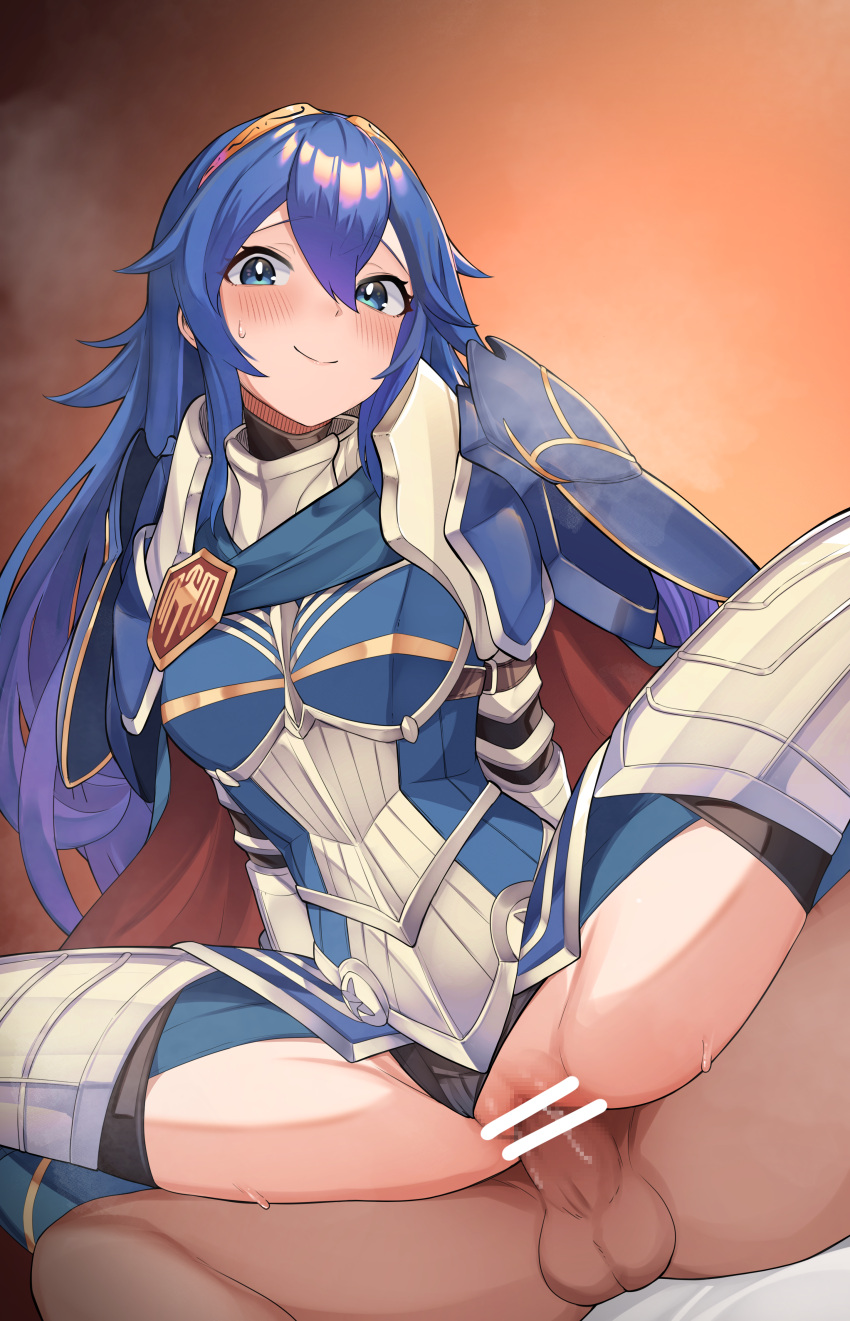 1boy 1girl absurdres ahegao armor bar_censor black_panties blue_eyes blue_hair blush cape censored closed_mouth clothing_aside commentary_request fire_emblem fire_emblem_awakening fire_emblem_heroes hetero highres knight long_hair lucina_(fate's_resolve)_(fire_emblem) lucina_(fire_emblem) mosaic_censoring official_alternate_costume orange_background paid_reward_available panties panties_aside penis pussy r-man red_cape sex smile solo_focus sweat tiara underwear vaginal