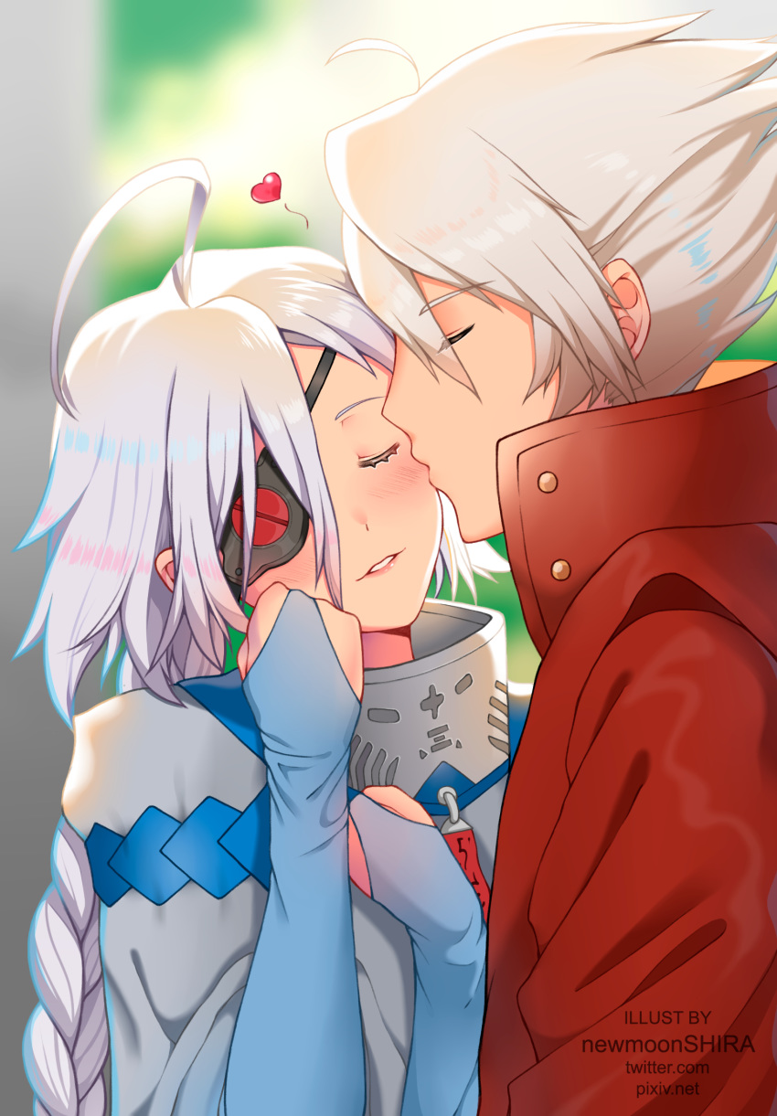 1boy 1girl ahoge blazblue blush bodysuit braid cape closed_eyes commission eyepatch grey_hair heart highres kiss newmoonshira nu-13 ragna_the_bloodedge single_braid