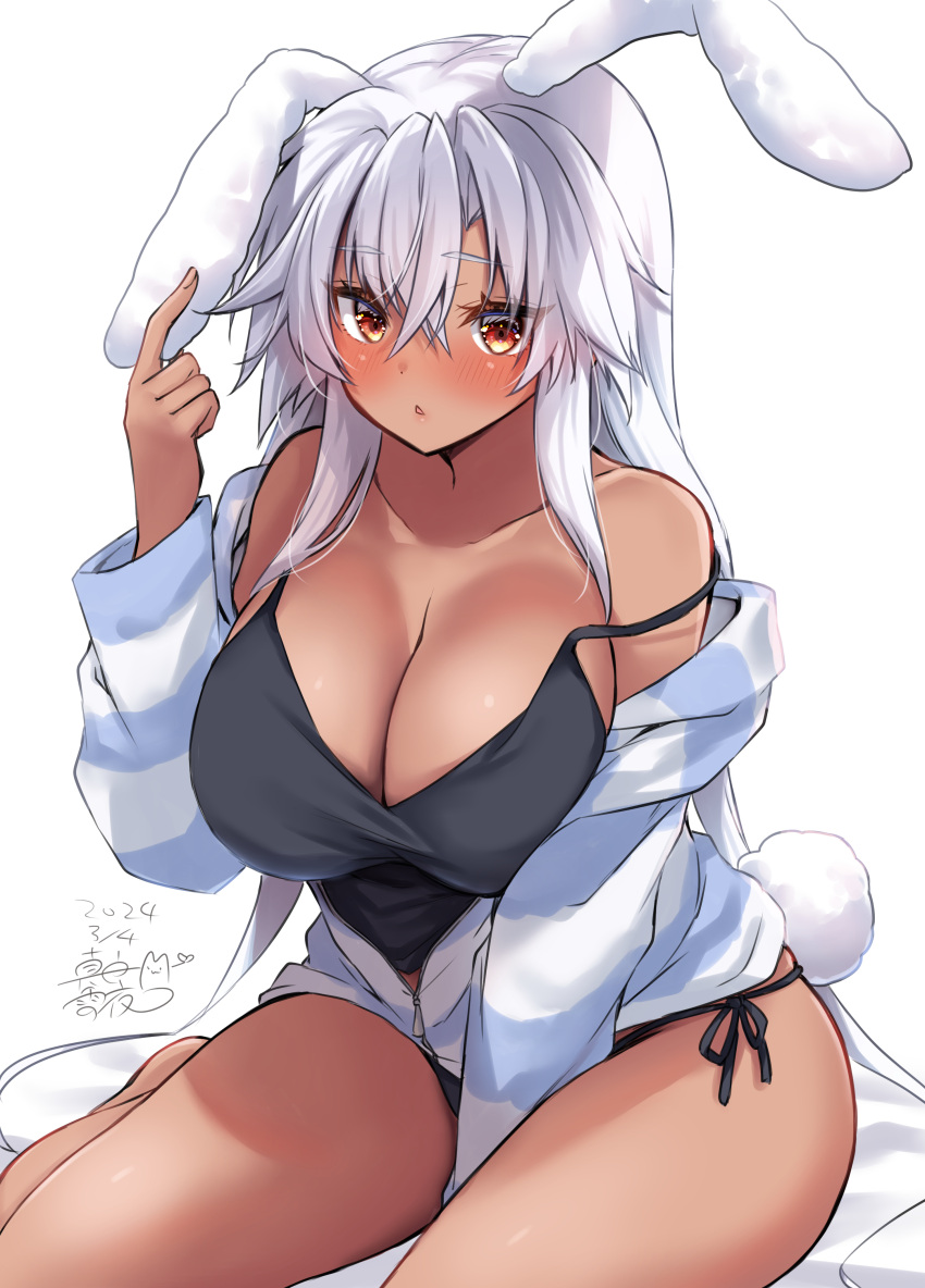 1girl absurdres animal_ears between_legs black_panties blush breasts crop_top dark-skinned_female dark_skin glasses hair_between_eyes hand_between_legs highres kantai_collection large_breasts long_hair looking_at_viewer mashiro_yukiya musashi_(kancolle) panties rabbit_ears red_eyes shirt sitting solo twintails two_side_up underwear white_hair white_shirt yellow_eyes