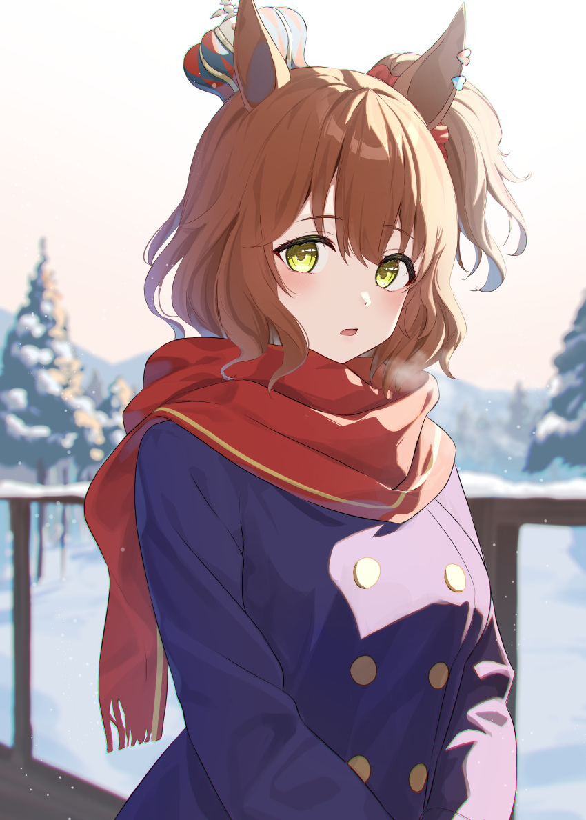 1girl absurdres anima_miko animal_ears aston_machan_(umamusume) blue_coat blush brown_hair coat crown highres horse_ears horse_girl long_sleeves looking_at_viewer open_mouth outdoors red_scarf scarf short_hair side_ponytail snow solo tree umamusume upper_body winter yellow_eyes