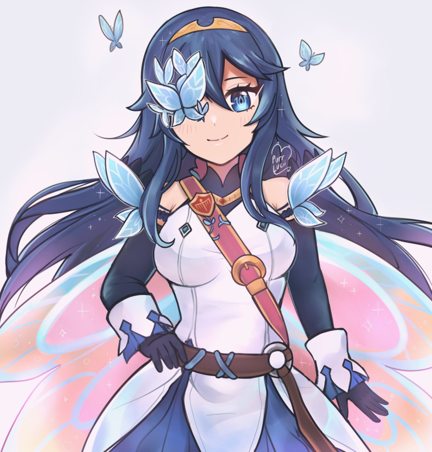 1girl artist_name bare_shoulders belt blue_eyes bodysuit brand_of_the_exalt bug butterfly dress fire_emblem fire_emblem_awakening gloves highres looking_at_viewer lucina_(fire_emblem) lucina_(resplendent)_(fire_emblem) official_art purrlucii smile solo white_background white_dress