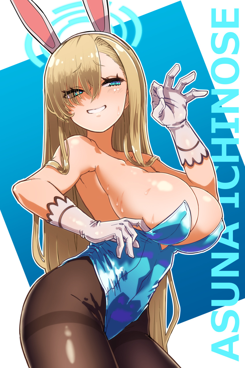 1girl absurdres animal_ears asuna_(blue_archive) asuna_(bunny)_(blue_archive) badluck2033 black_pantyhose blonde_hair blue_archive blue_eyes blue_leotard breasts fake_animal_ears gloves hair_over_one_eye halo highres large_breasts leotard long_hair ok_sign pantyhose playboy_bunny rabbit_ears smile solo sweat