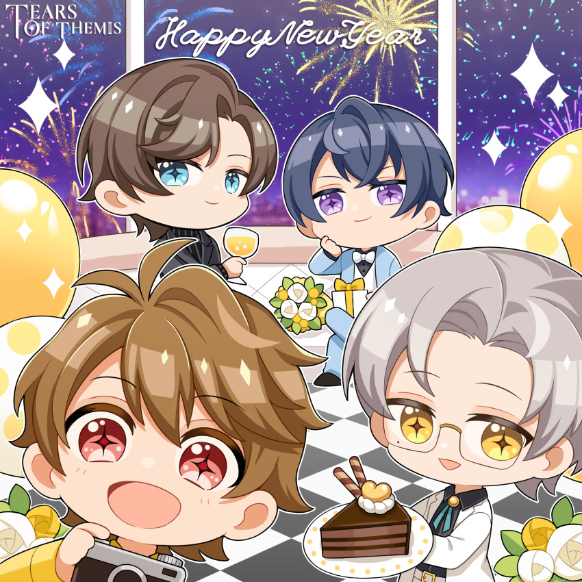 +_+ 4boys :d alcohol artem_wing_(tears_of_themis) balloon black_jacket black_shirt blue_eyes blue_jacket blue_pants bow bowtie brown_eyes brown_hair cake cake_slice camera chibi closed_mouth copyright_name couch cup drinking_glass english_commentary english_text fireworks flower food formal gift glasses grey_hair happy_new_year highres holding holding_camera holding_cup holding_plate jacket long_sleeves looking_at_viewer luke_pearce_(tears_of_themis) male_focus marius_von_hagen_(tears_of_themis) mole mole_under_eye multiple_boys night night_sky official_art pants plate purple_eyes purple_hair semi-rimless_eyewear shirt short_hair sitting sky smile tears_of_themis tile_floor tiles vyn_richter_(tears_of_themis) white_bow white_bowtie white_flower white_jacket white_shirt wine wine_glass yellow_eyes yellow_flower