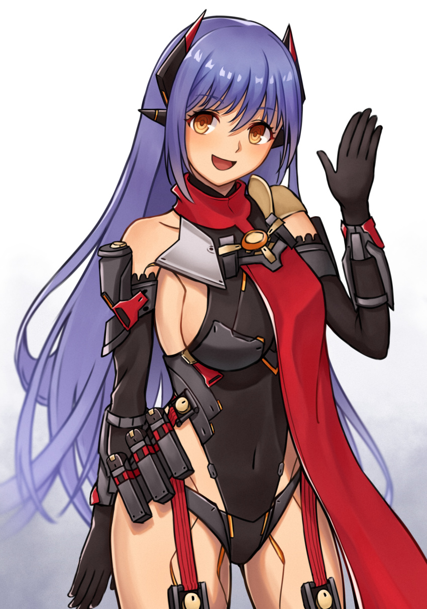 1girl 20060715 :d absurdres android arm_up black_gloves black_leotard black_sleeves breast_curtain breasts cleavage collarbone commentary_request covered_navel eyelashes gloves highres holster large_breasts leotard long_hair open_mouth poppi_(xenoblade) poppi_qtpi_(xenoblade) purple_hair ringed_eyes simple_background smile solo standing very_long_hair white_background xenoblade_chronicles_(series) xenoblade_chronicles_2 yellow_eyes