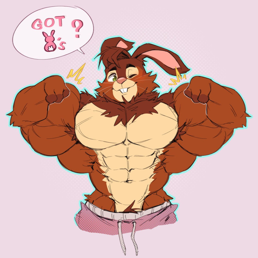 abs anthro barazoku bottomwear brown_body brown_fur brown_hair brown_pubes buckteeth cape_escape clothing crimsonrabbit dialogue flexing flexing_bicep flexing_biceps flexing_both_biceps flexing_muscles fur gnollplaying_games goose_(cape_escape) green_eyes hair hi_res lagomorph leporid looking_at_viewer male mammal muscular muscular_male one_eye_closed overly_muscular pants pecs pink_background pink_bottomwear pink_clothing pink_inner_ear pink_nose pink_pants pubes pubes_exposed rabbit simple_background solo speech_bubble talking_to_viewer tan_body tan_fur teeth thick_pubes wink winking_at_viewer