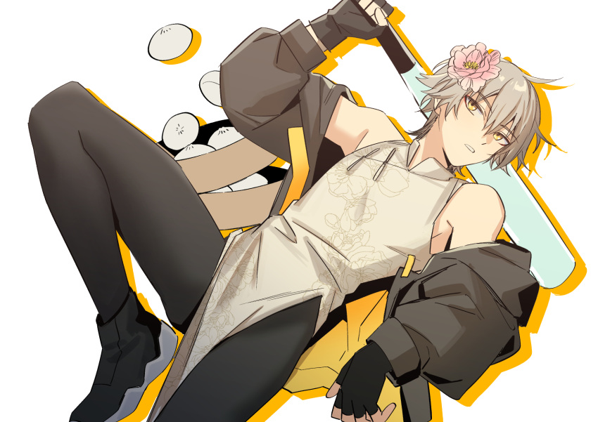 1boy baozi baseball_bat black_gloves black_jacket black_pantyhose caelus_(honkai:_star_rail) chinese_clothes flower food gloves grey_hair hair_between_eyes hair_flower hair_ornament highres honkai:_star_rail honkai_(series) jacket long_sleeves male_focus otoko_no_ko pantyhose shoes short_hair solo taosheng trailblazer_(honkai:_star_rail) yellow_eyes