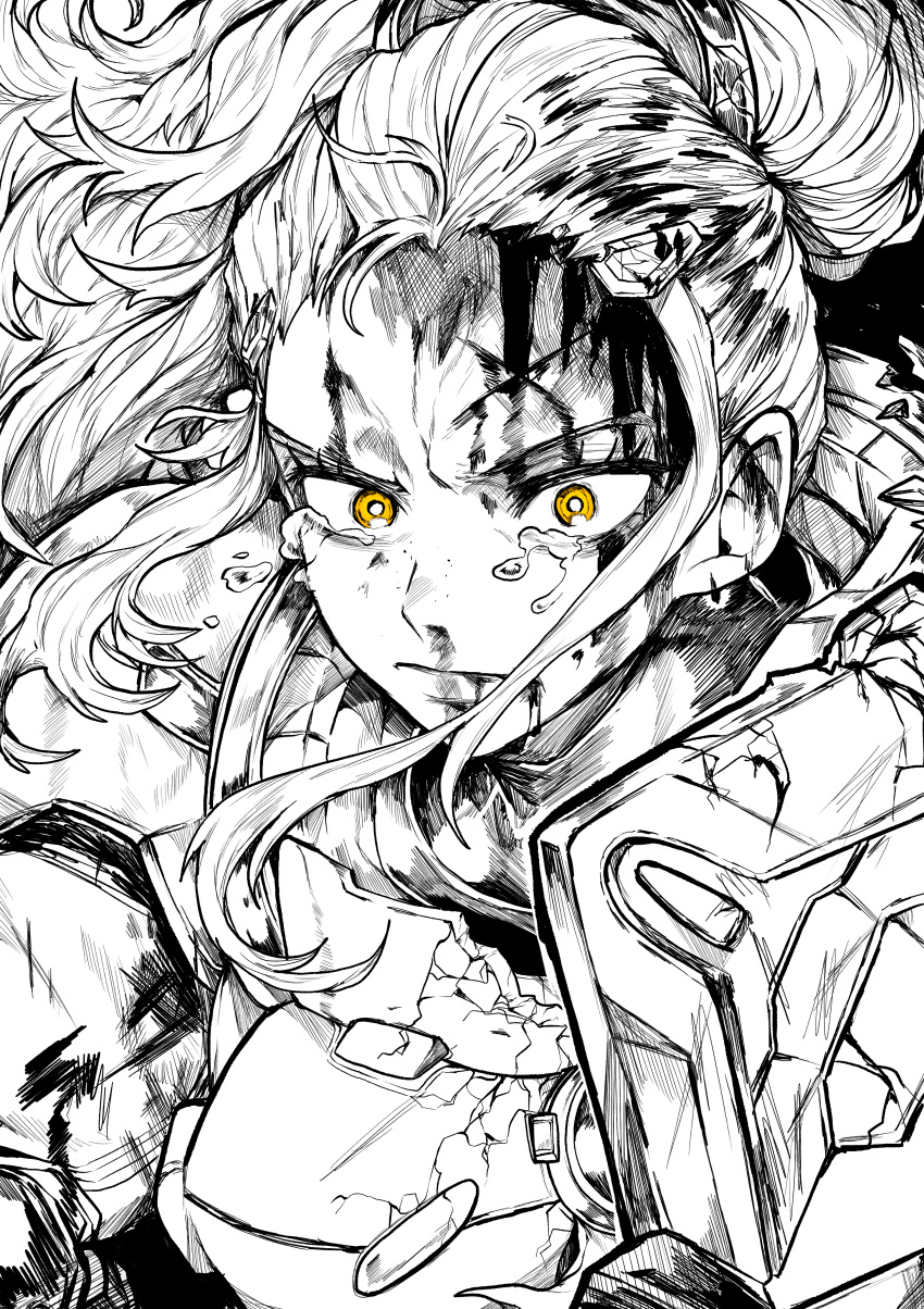 1girl absurdres armor black_background blood blood_from_mouth blood_on_face brigitte_(overwatch) broken_armor close-up crying crying_with_eyes_open cuts greyscale highres injury long_hair monochrome nosebleed overwatch ponytail portrait sidelocks simple_background solo spot_color tears yellow_eyes yotsumi_shiro