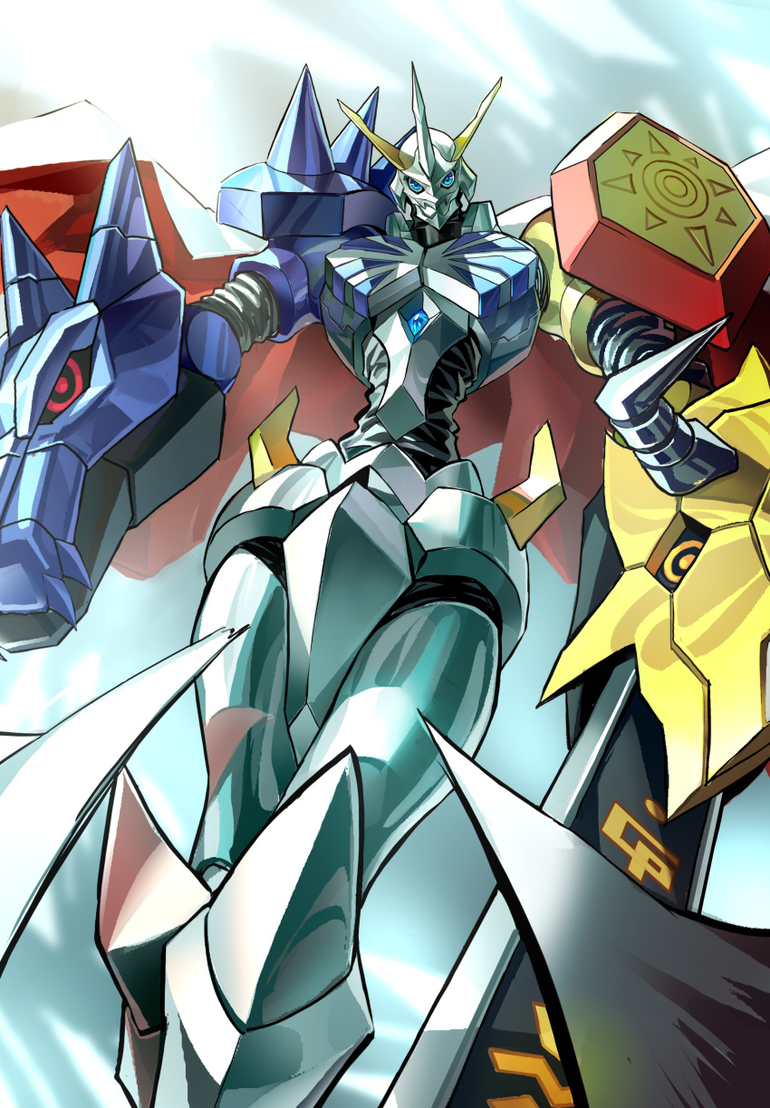 absurdres arm_blade armor blue_eyes cape commentary_request digimoji digimon digimon_(creature) extra_eyes extra_mouth feimao_(angelcat) head_arms highres horns looking_at_viewer mecha multicolored_cape multicolored_clothes multiple_heads omegamon orange_eyes red_cape red_eyes ringed_eyes robot shield shoulder_armor spikes two-sided_cape two-sided_fabric weapon white_cape