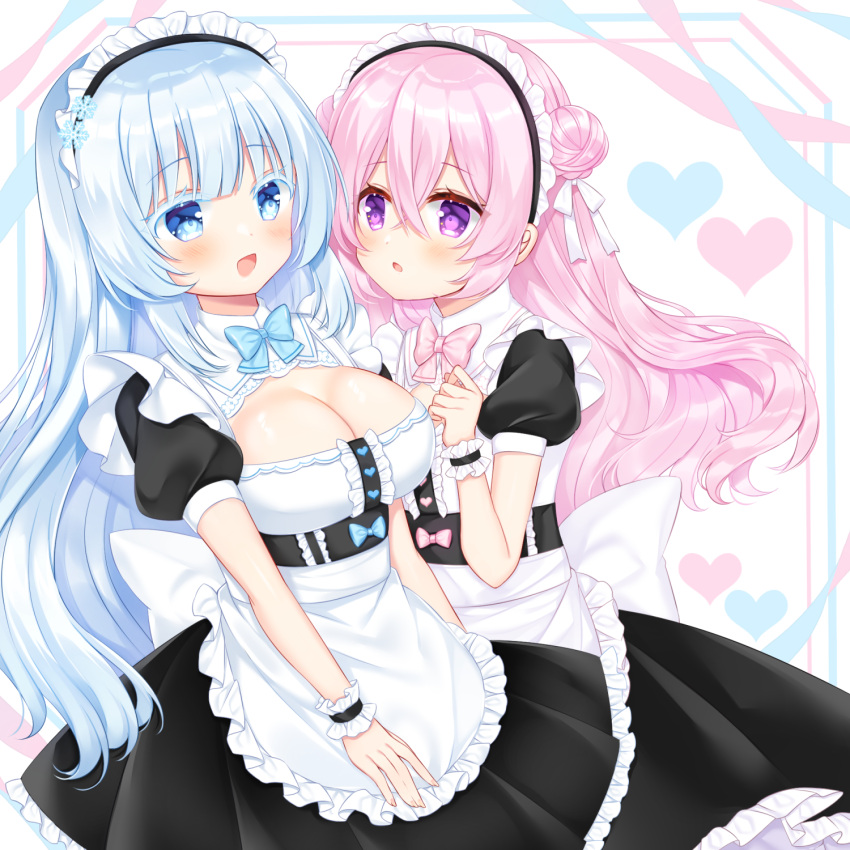 2girls :d :o apron black_dress blue_eyes blue_hair breasts cleavage colored_eyelashes commission double_bun dress frilled_apron frilled_dress frills hair_between_eyes hair_bun hair_ornament hand_up heart highres large_breasts long_hair maid maid_headdress multiple_girls original parted_lips pink_hair pleated_dress puffy_short_sleeves puffy_sleeves purple_eyes shikito short_sleeves skeb_commission smile snowflake_hair_ornament very_long_hair white_apron white_background wrist_cuffs