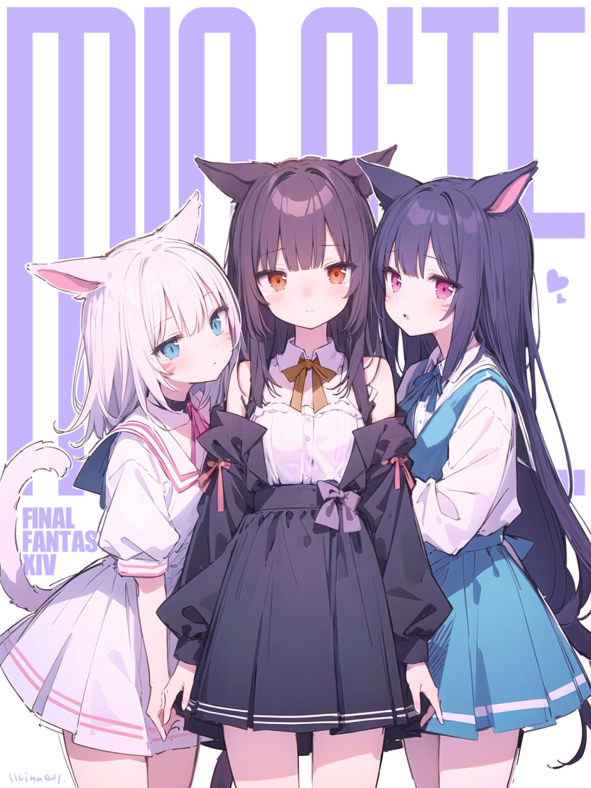3girls :o ai-generated animal_ears bare_shoulders black_hair blue_eyes blush bow breasts brown_eyes character_request closed_mouth eyebrows_hidden_by_hair final_fantasy final_fantasy_xiv highres llrinnell long_sleeves looking_at_viewer miqo'te multiple_girls open_mouth pleated_skirt purple_eyes sailor_collar school_uniform short_hair skirt small_breasts tail upper_body warrior_of_light_(ff14) white_hair