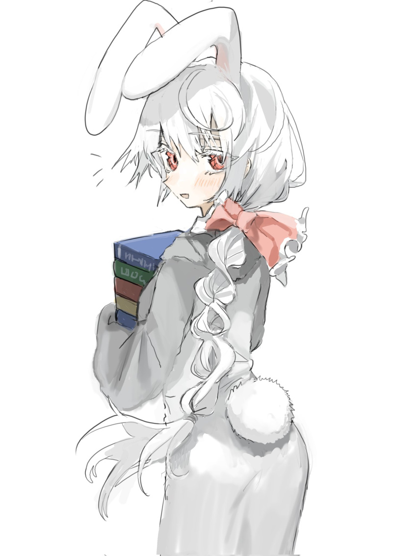 1984_(artist) 1girl animal_ears black_souls blush book book_stack bow from_behind grey_robe hair_bow highres holding holding_book long_hair looking_at_viewer node_(black_souls) notice_lines parted_lips pink_bow rabbit_ears rabbit_tail red_eyes robe simple_background smile solo tail white_background white_hair