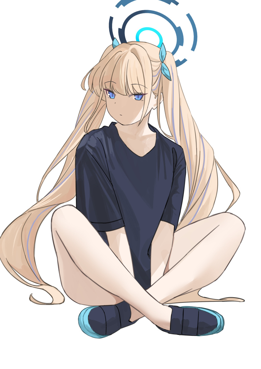 1girl absurdres alternate_hairstyle black_shirt blonde_hair blue_archive blue_eyes blue_hair blue_halo blue_ribbon closed_mouth commentary hair_ribbon halo highres long_hair multicolored_hair ribbon shirt short_sleeves simple_background sitting solo streaked_hair tnr_(horiko1525) toki_(blue_archive) twintails white_background