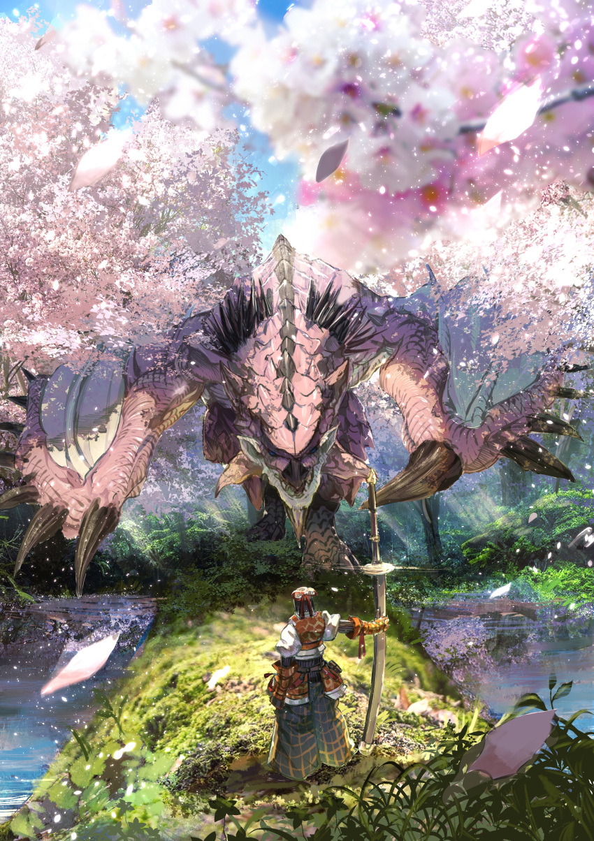 1other absurdres baggy_pants cherry_blossoms day dragon falling_petals full_body gauntlets highres holding holding_sword holding_weapon japanese_clothes looking_at_another monster_hunter_(character) monster_hunter_(series) outdoors pants petals pink_rathian rathian reflection reflective_water scenery standing sword touro tree water weapon wyvern