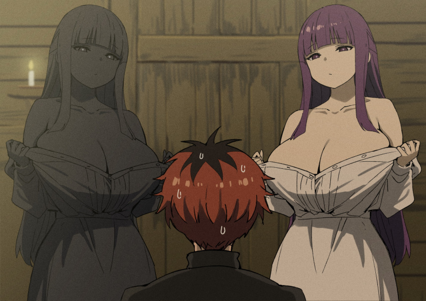 1boy 2girls bare_shoulders blunt_bangs blush breasts cleavage collarbone dress dual_persona fern_(sousou_no_frieren) highres large_breasts long_hair long_sleeves multiple_girls off_shoulder purple_eyes purple_hair red_hair short_hair sidelocks sky-freedom sousou_no_frieren stark_(sousou_no_frieren) undressing white_dress