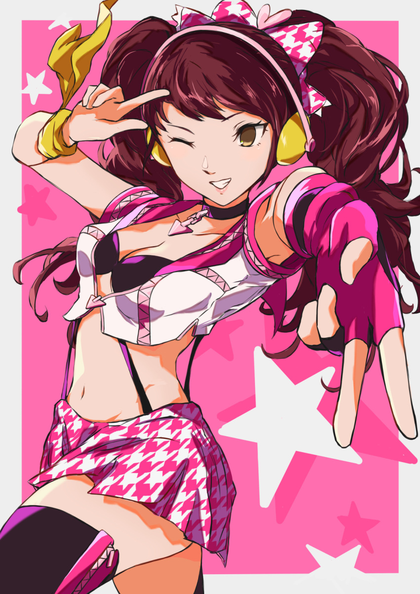 1girl black_choker bow breasts brown_eyes brown_hair choker commentary_request double_v fingerless_gloves gloves grin hair_bow highres idol kujikawa_rise long_hair looking_at_viewer medium_breasts midriff navel official_alternate_costume one_eye_closed pekeponn persona persona_4 persona_4:_dancing_all_night persona_dancing pink_bow pink_gloves pink_skirt single_glove skirt smile solo stomach teeth twintails v