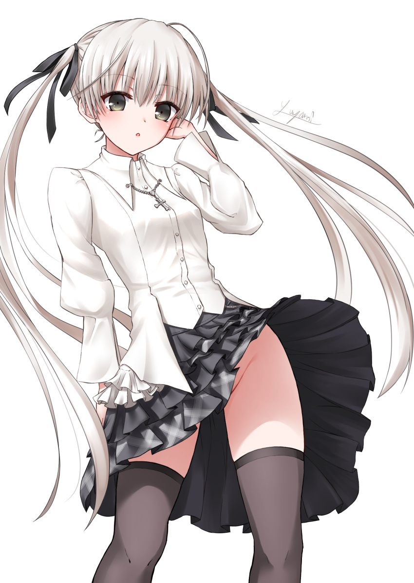 1girl black_legwear black_ribbon black_skirt blouse blush bottomless commentary_request cross cross_necklace groin hair_between_eyes hair_ribbon hand_on_own_face hand_up highres jewelry kasugano_sora layered_skirt leaning_back leaning_to_the_side long_hair miniskirt necklace no_panties open_mouth plaid plaid_skirt pleated_skirt ribbon silver_eyes silver_hair simple_background skirt solo thighhighs twintails upskirt very_long_hair white_background white_blouse wind wind_lift yosuga_no_sora yuyamino_sora