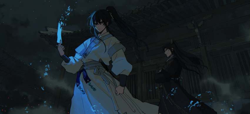 2boys architecture black_hair black_hanbok blue_eyes closed_mouth crossed_arms dust_girl east_asian_architecture energy hair_ribbon half_updo hanbok high_ponytail highres jinhongi korean_clothes korean_commentary long_hair looking_ahead multiple_boys night night_sky ribbon seol_young serious sheath sheathed sky smile star_(sky) sword talisman weapon white_hanbok white_ribbon zaha